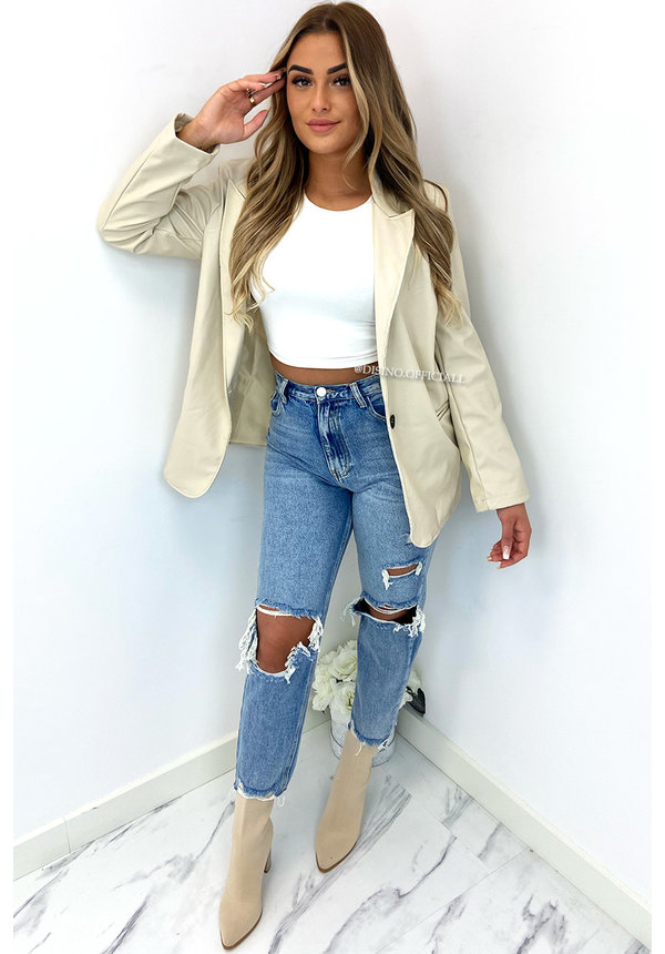 BEIGE - 'YADE LEATHER' - OVERSIZED BOYFRIEND BLAZER