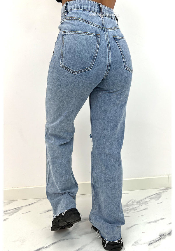 BLUE - 'JAYLA' - HIGH WAIST RIPPED STRAIGHT LEG JEANS