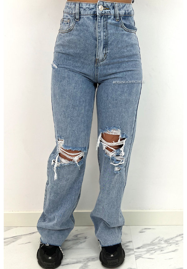 BLUE - 'JAYLA' - HIGH WAIST RIPPED STRAIGHT LEG JEANS