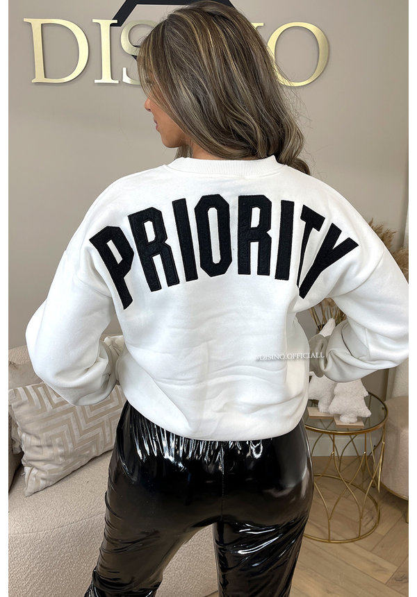 WHITE - 'PRIORITY SWEATER' - PREMIUM QUALITY OVERSIZED SLOGAN SWEATER