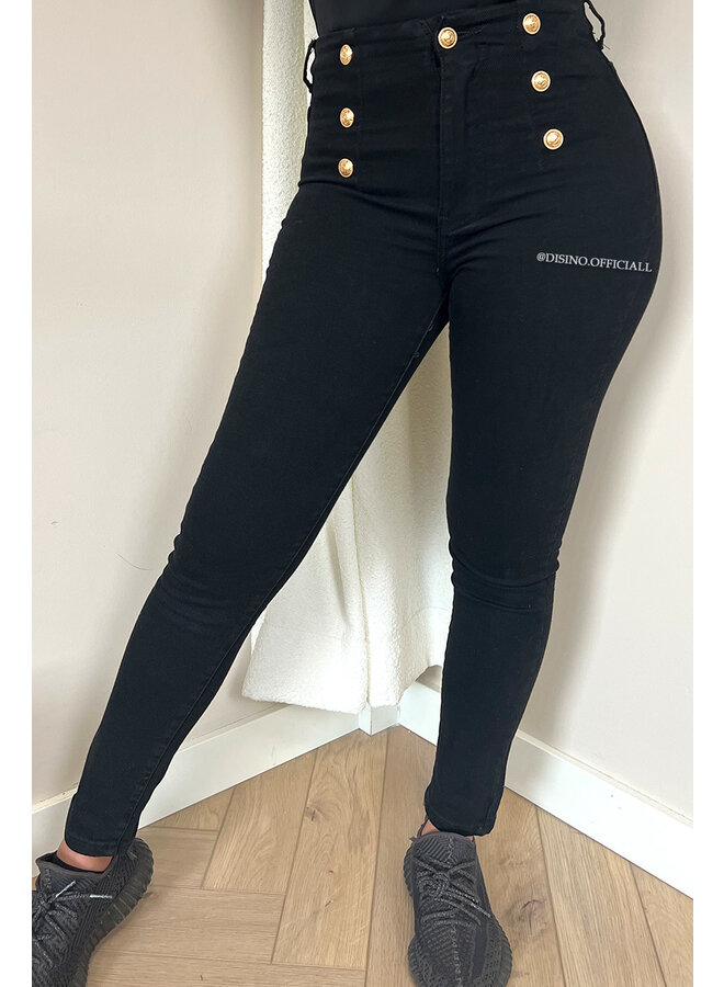 QUEEN HEART JEANS - BLACK - PERFECT HIGH WAIST GOLD BUTTON JEANS - 045