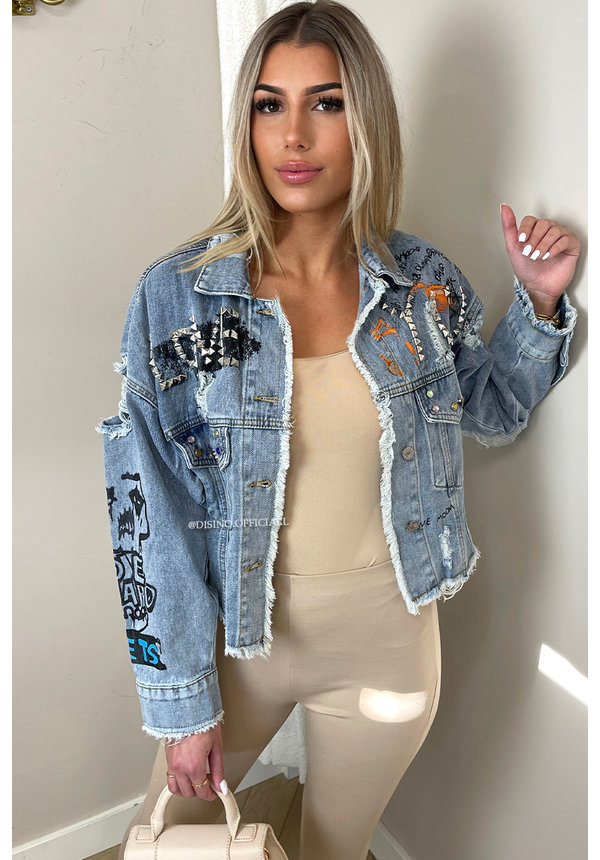 LIGHT BLUE - 'LOVE&PEACE' - DESIGNER INSPIRED CROPPED DENIM JACKET