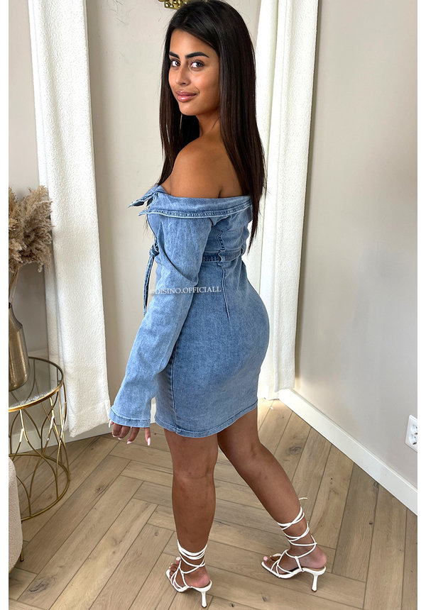 BLUE - 'TIANA DRESS' - STRETCH OFF SHOULDER ZIPPER DENIM DRESS