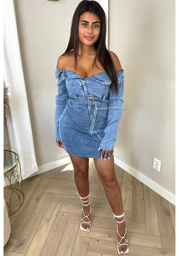 BLUE - 'TIANA DRESS' - STRETCH OFF SHOULDER ZIPPER DENIM DRESS