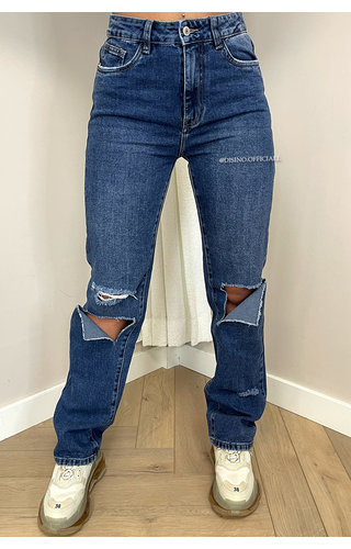 QUEEN HEART JEANS - BLUE - RIPPED KNEE STRAIGHT LEG JEANS - 886 
