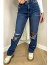 QUEEN HEART JEANS - BLUE - RIPPED KNEE STRAIGHT LEG JEANS - 886