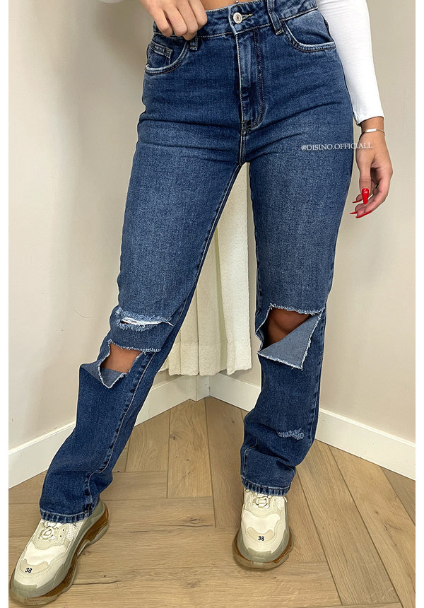 QUEEN HEART JEANS - BLUE - RIPPED KNEE STRAIGHT LEG JEANS - 886