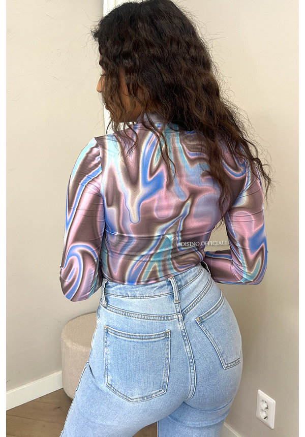 VIOLET - 'ZENDAYA' - MARBLE MESH LONG SLEEVE CROP TOP