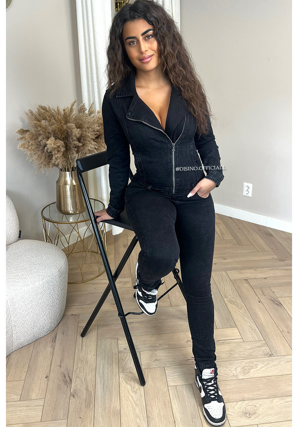 BLACK - 'VANESSA JUMPSUIT' - CROSSED ZIPPER SUPER STRETCH DENIM JUMPSUIT