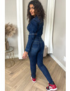 DARK BLUE - 'NANCY JUMPSUIT' - DENIM BUTTON UP PUFF SHOULDER JUMPSUIT