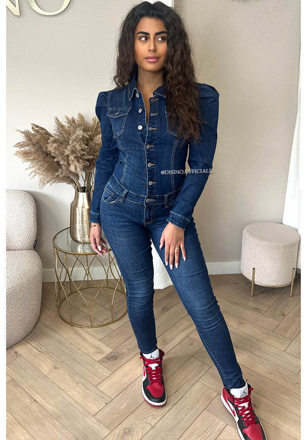 DARK BLUE - 'NANCY JUMPSUIT' - DENIM BUTTON UP PUFF SHOULDER JUMPSUIT