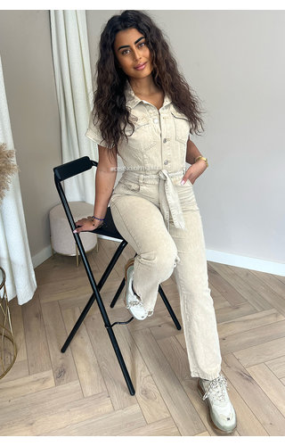 BEIGE - 'JAYLA SHORTSLEEVE' - PREMIUM QUALITY DENIM JUMPSUIT 