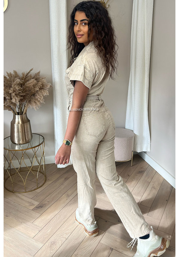 BEIGE - 'JAYLA SHORTSLEEVE' - PREMIUM QUALITY DENIM JUMPSUIT