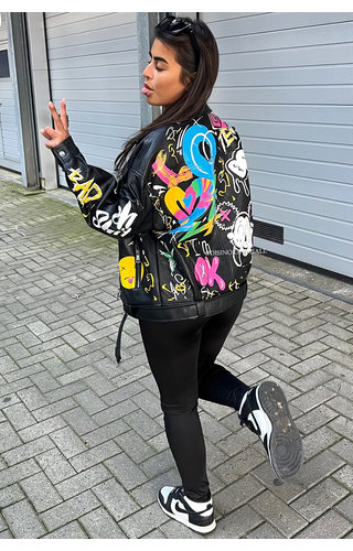 BLACK - 'NIKKI JACKET' - OVERSIZED EXCLUSIVE GRAFFITI LEATHER JACKET BLACK - 'NIKKI JACKET' - OVERSIZED EXCLUSIVE GRAFFITI LEATHER JACKET