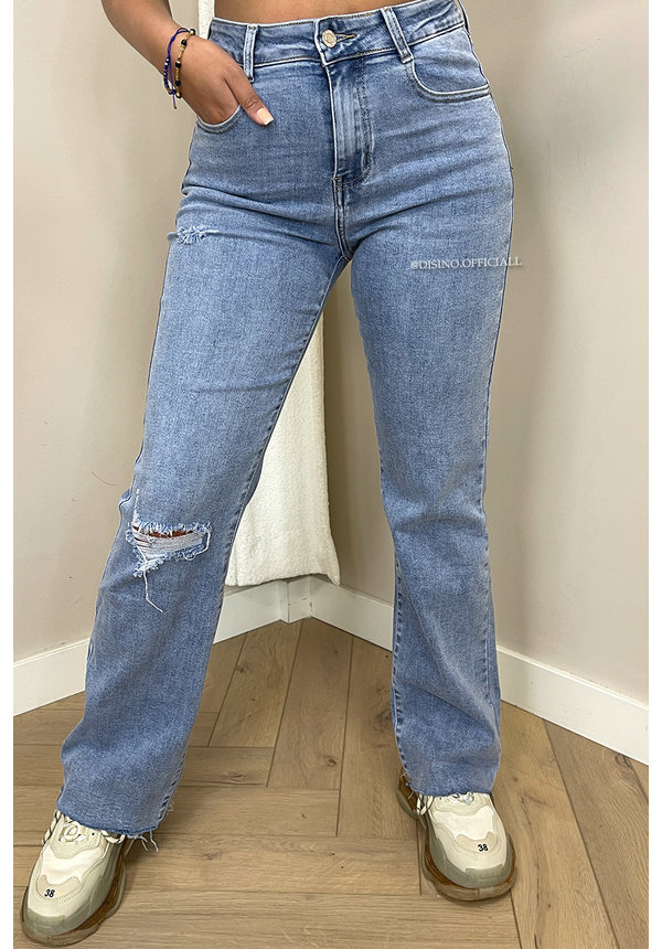BLUE - 'HOLLYWOOD' - SUPER STRETCH HIGH WAIST RIPPED KNEE STRAIGHT LEG JEANS