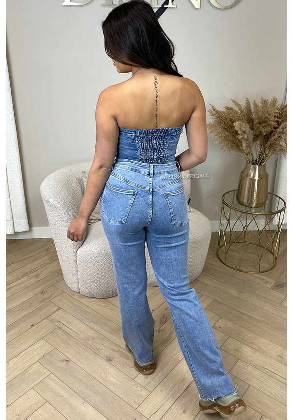 BLUE - 'HOLLYWOOD' - SUPER STRETCH HIGH WAIST RIPPED KNEE STRAIGHT LEG JEANS - 215