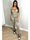OLIVE GREEN - 'STORMI V2 JUMPSUIT' - SHAPING SPAGHETTI BAND RIBBED JUMPSUIT