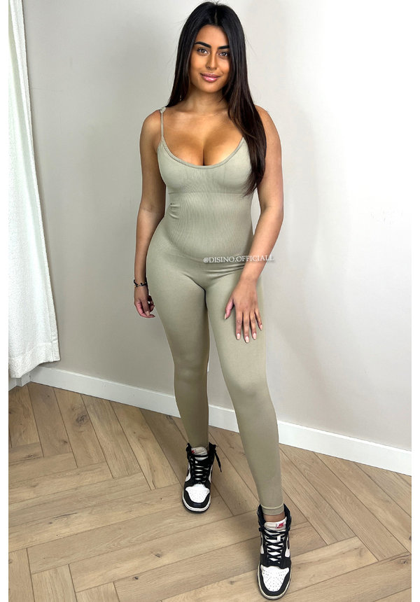 OLIVE GREEN - 'STORMI V2 JUMPSUIT' - SHAPING SPAGHETTI BAND RIBBED JUMPSUIT