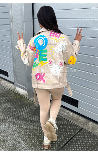 BEIGE - 'NIKKI JACKET' - OVERSIZED EXCLUSIVE GRAFFITI LEATHER JACKET BEIGE - 'NIKKI JACKET' - OVERSIZED EXCLUSIVE GRAFFITI LEATHER JACKET