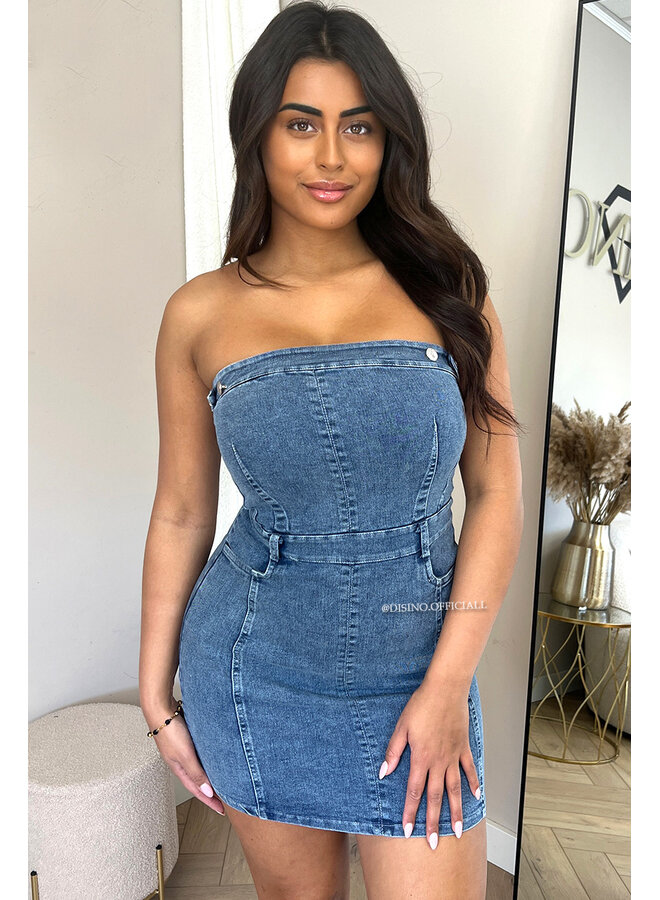 BLUE - 'SASCHA' - STRETCH DENIM STRAPLESS DRESS