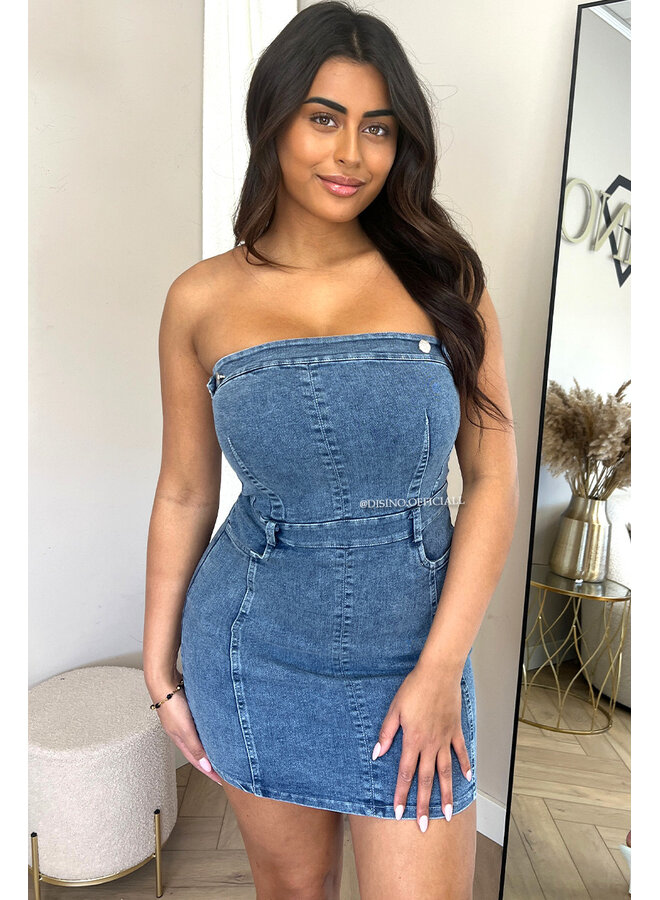 BLUE - 'SASCHA' - STRETCH DENIM STRAPLESS DRESS