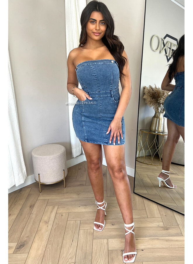 BLUE - 'SASCHA' - STRETCH DENIM STRAPLESS DRESS