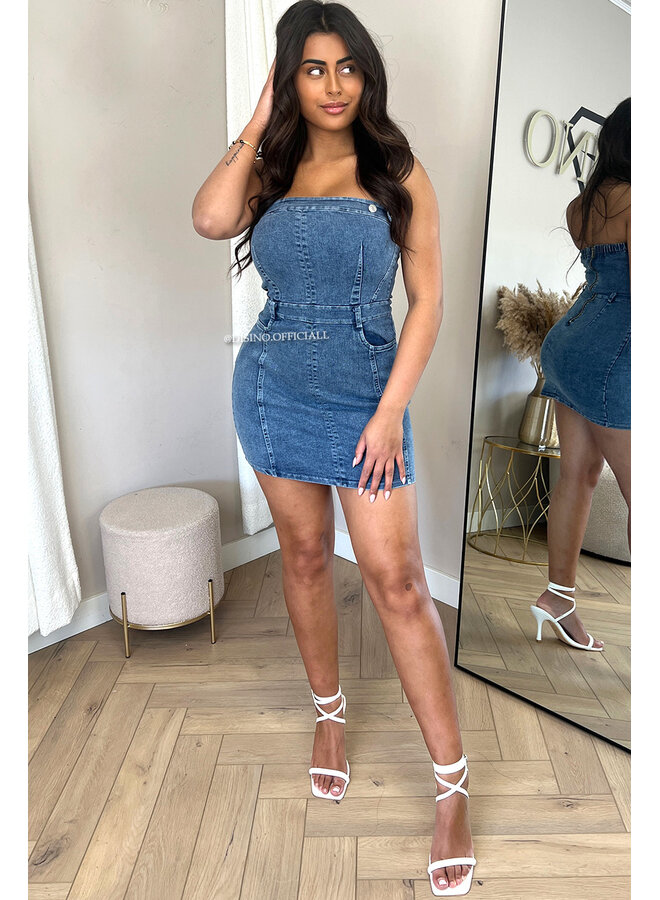 BLUE - 'SASCHA' - STRETCH DENIM STRAPLESS DRESS