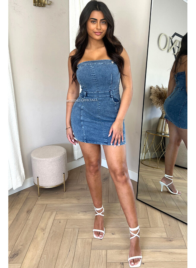 BLUE - 'SASCHA' - STRETCH DENIM STRAPLESS DRESS