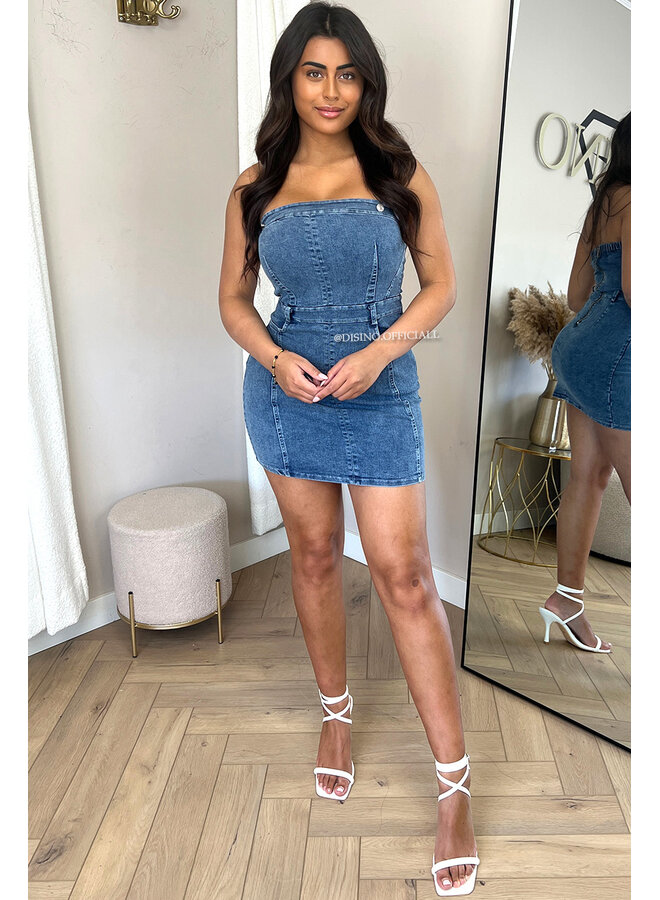 BLUE - 'SASCHA' - STRETCH DENIM STRAPLESS DRESS