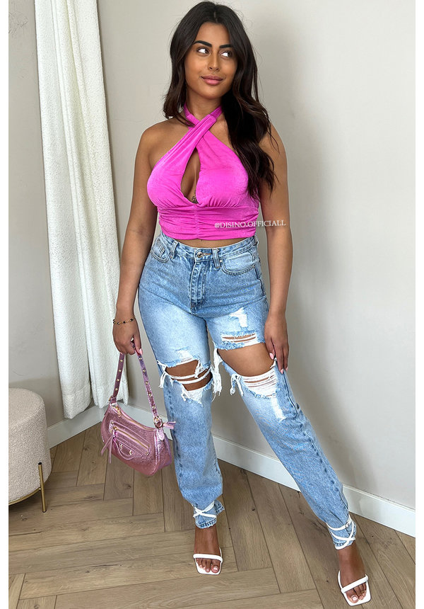 PINK - 'LOLA V2 TOP' - SILKY CROSSED CROP TOP