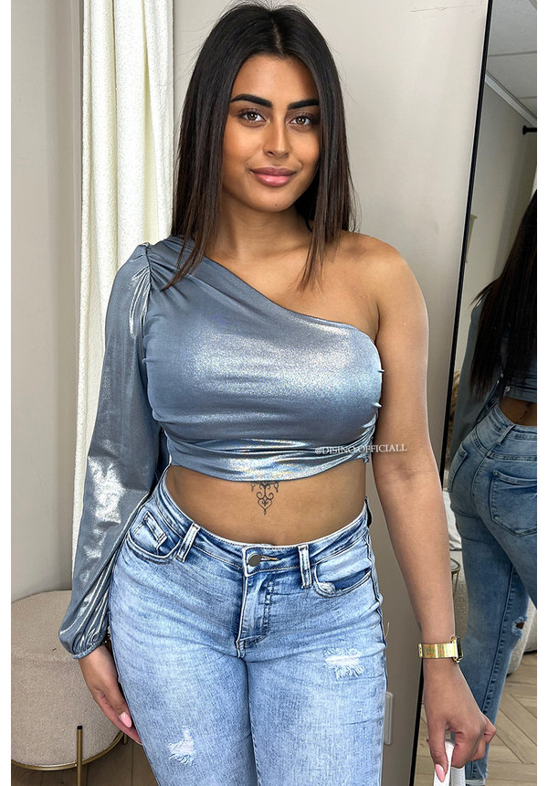 SILVER - 'MELANIE TOP' - METALLIC ONE-ARM SLEEVE CROPPED TOP