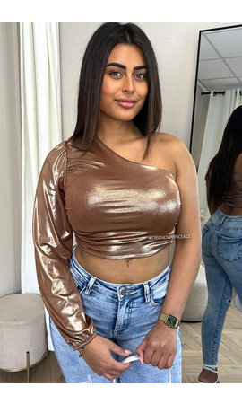 BROWN - 'MELANIE TOP' - METALLIC ONE-ARM SLEEVE CROPPED TOP