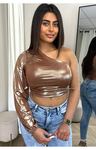 BROWN - 'MELANIE TOP' - METALLIC ONE-ARM SLEEVE CROPPED TOP 