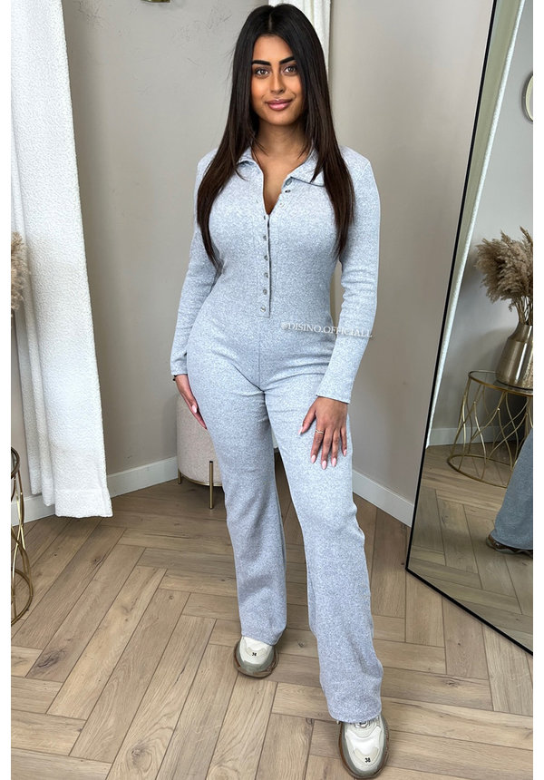 GREY - 'LONDON' - PREMIUM QUALITY RIBBED LONG SLEEVE JUMPSUIT