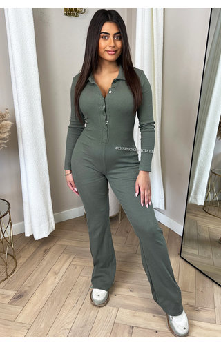 KHAKI GREEN - 'LONDON' - PREMIUM QUALITY RIBBED LONG SLEEVE JUMPSUIT 