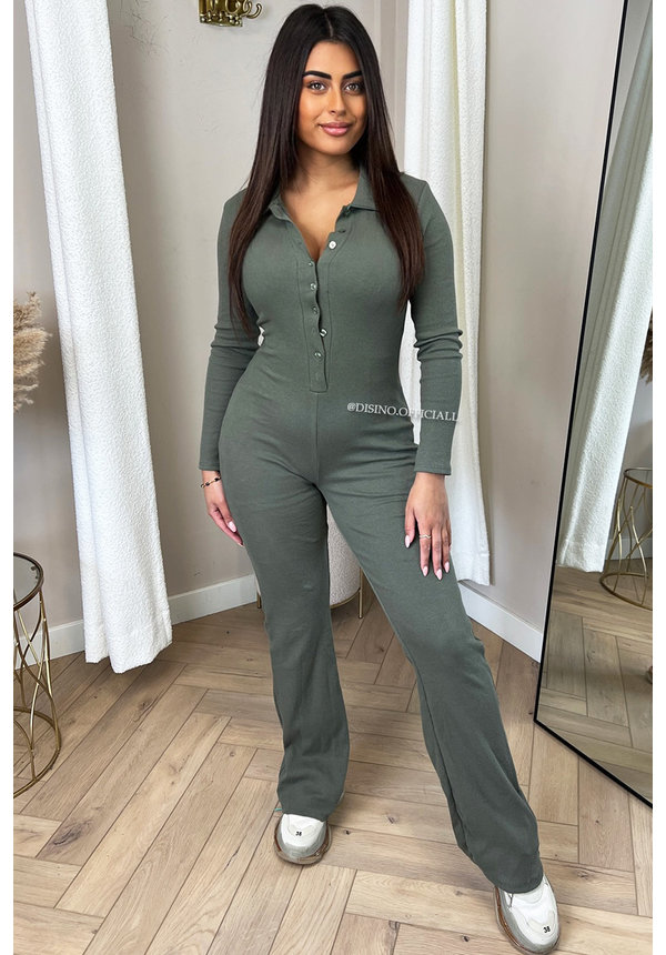 KHAKI GREEN - 'LONDON' - PREMIUM QUALITY RIBBED LONG SLEEVE JUMPSUIT