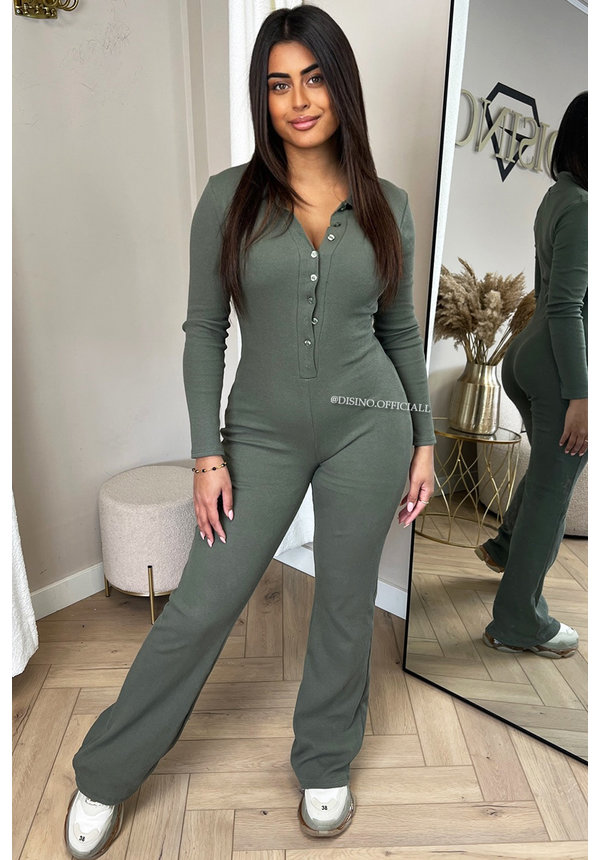 KHAKI GREEN - 'LONDON' - PREMIUM QUALITY RIBBED LONG SLEEVE JUMPSUIT