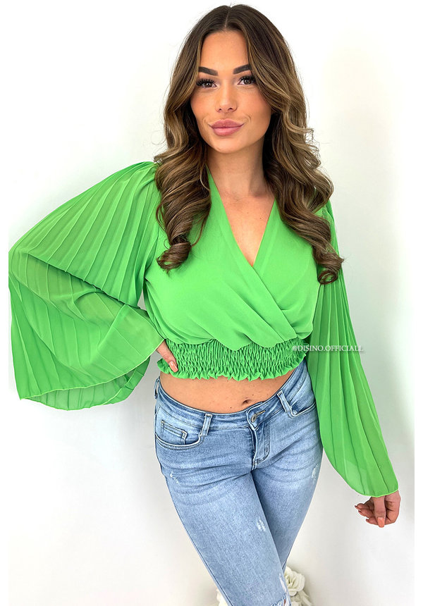 LIME GREEN - 'KELLY V2' - PLISSE ARM CROPPED TOP