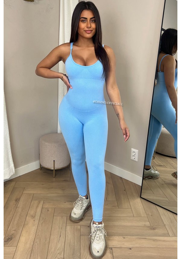 LIGHT BLUE - 'STORMI JUMPSUIT' - SPAGHETTI BAND SHAPING JUMPSUIT