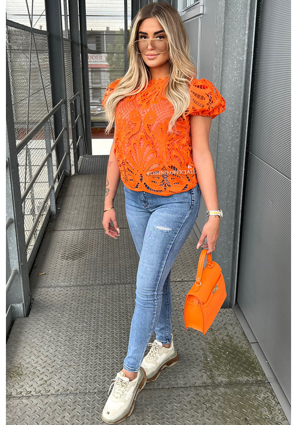 ORANGE - 'AMELIA' - CROCHET LACE PUFF SLEEVE TOP