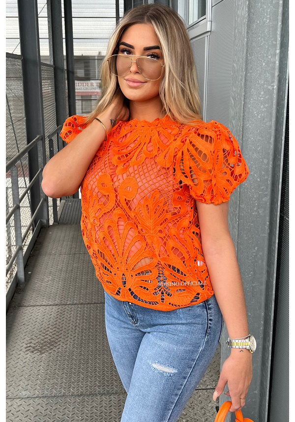 ORANGE - 'AMELIA' - CROCHET LACE PUFF SLEEVE TOP