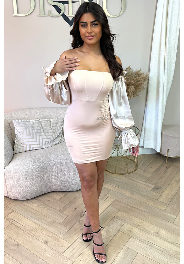 NUDE - 'VALERIE' - CLASSY SATIN STRAPLESS LONG SLEEVE DRESS