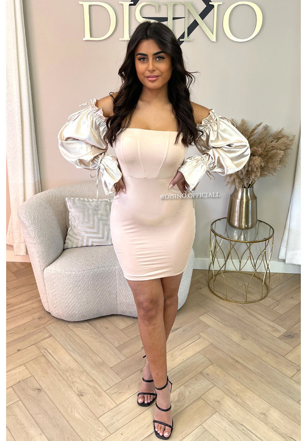 NUDE - 'VALERIE' - CLASSY SATIN STRAPLESS LONG SLEEVE DRESS