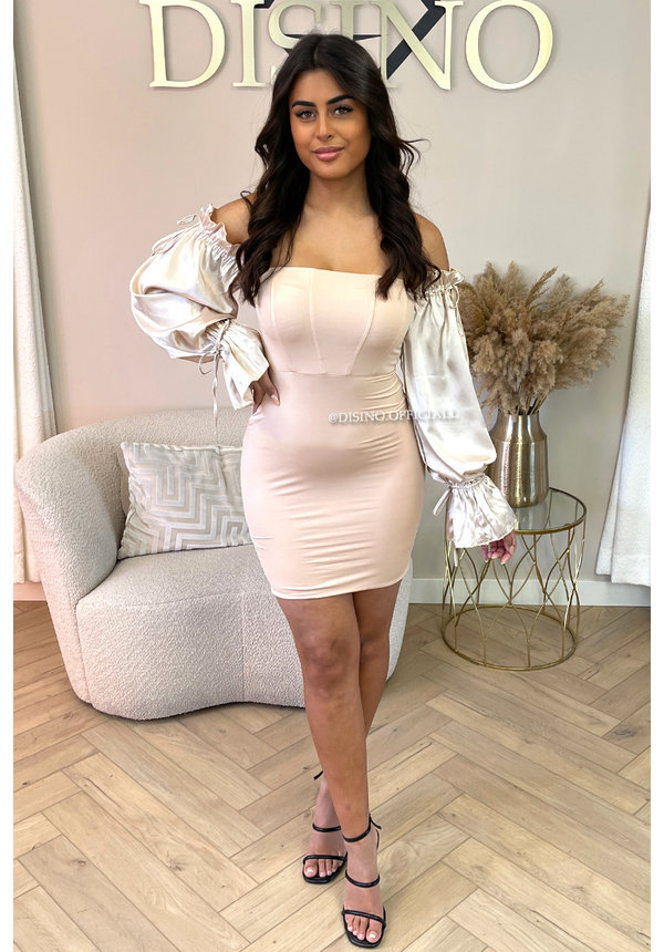 NUDE - 'VALERIE' - CLASSY SATIN STRAPLESS LONG SLEEVE DRESS