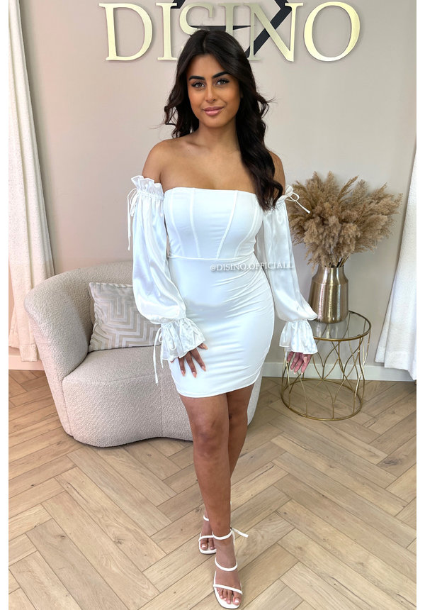 WHITE - 'VALERIE' - CLASSY SATIN STRAPLESS LONG SLEEVE DRESS