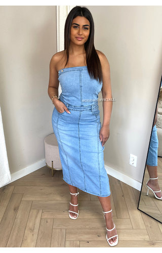 LIGHT BLUE - 'SASCHA LONG' - SUPER STRETCH DENIM STRAPLESS DRESS 