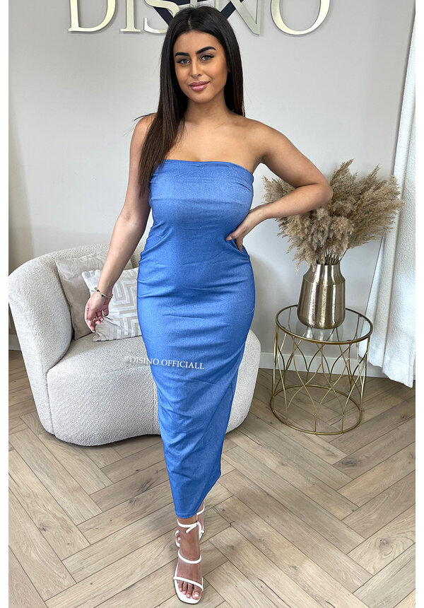 LIGHT BLUE - 'LYDIA' - DENIM LOOK STRAPLESS PENCIL DRESS