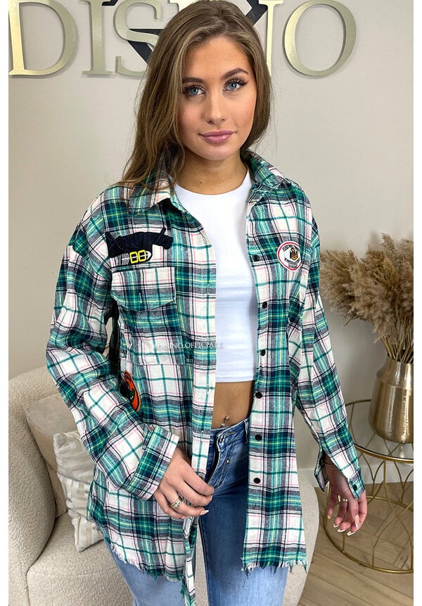 GREEN - 'JONES' - CHECKED OVERSIZED BOYFRIEND BLOUSE PATCHES