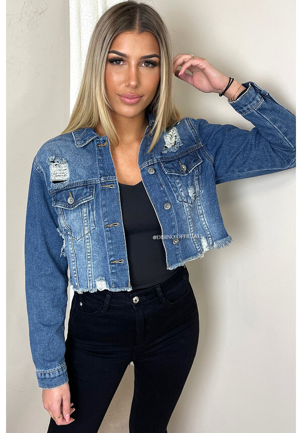 BLUE - 'TAYLOR' - CROPPED DENIM RIPPED JACKET