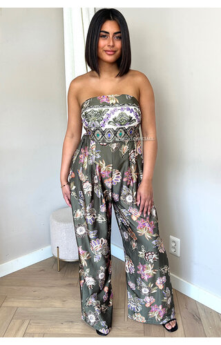 KHAKI GREEN - 'ALLISON' - SATIN FLORAL STRAPLESS JUMPSUIT KHAKI GREEN - 'ALLISON' - SATIN FLORAL STRAPLESS JUMPSUIT